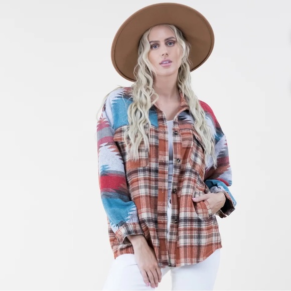 🆕Aztec Shacket Shirt Jacket Plaid Button Down Pockets Sm/Med & Lg/XL Available - Picture 3 of 13